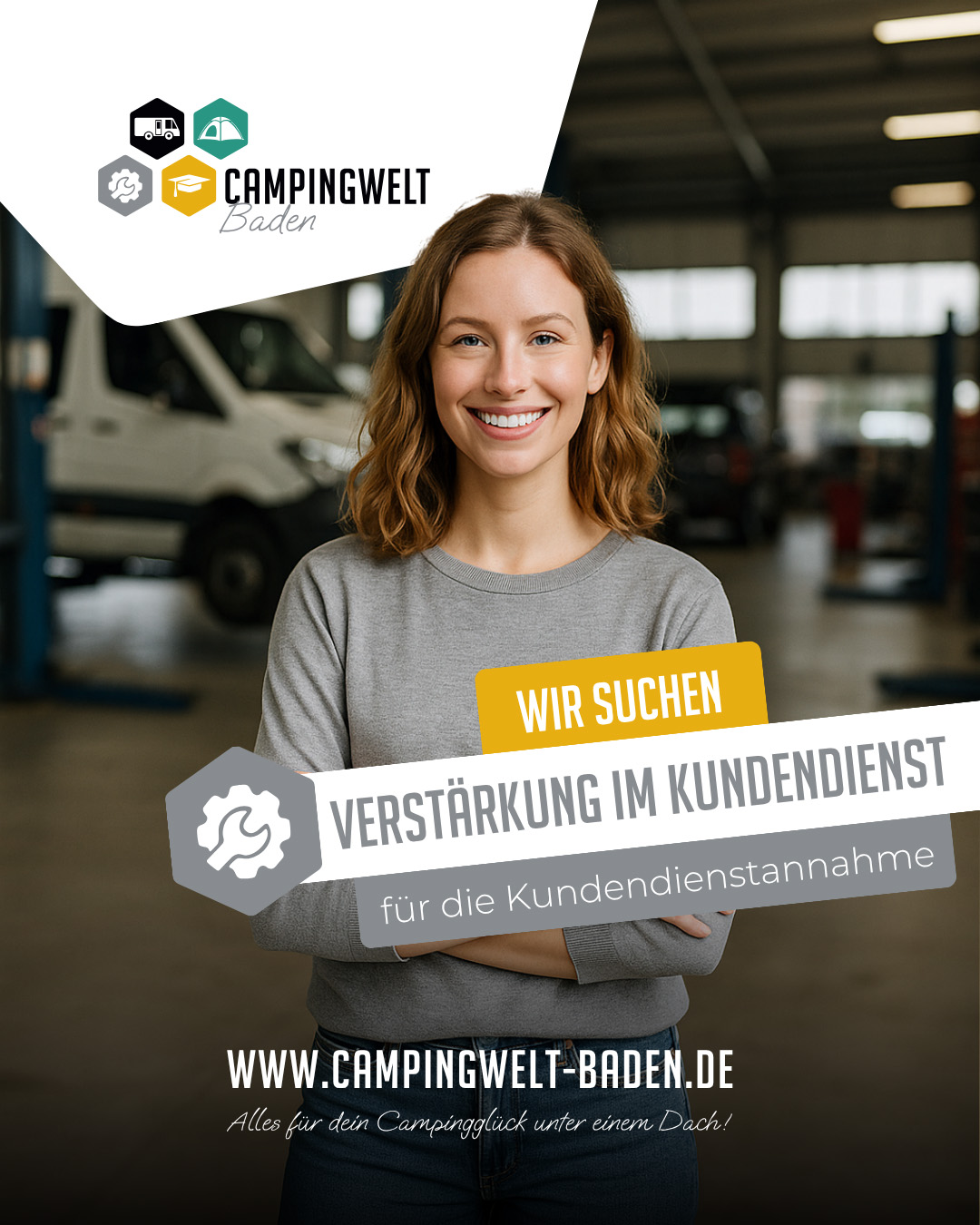 Recruiting-Banner der Campingwelt Baden. Text: Wir suchen Verstärkung im Kundendienst für die Kundendienstannahme. Untertitel: Alles für dein Campingglück unter einem Dach! URL: www.campingwelt-baden.de.